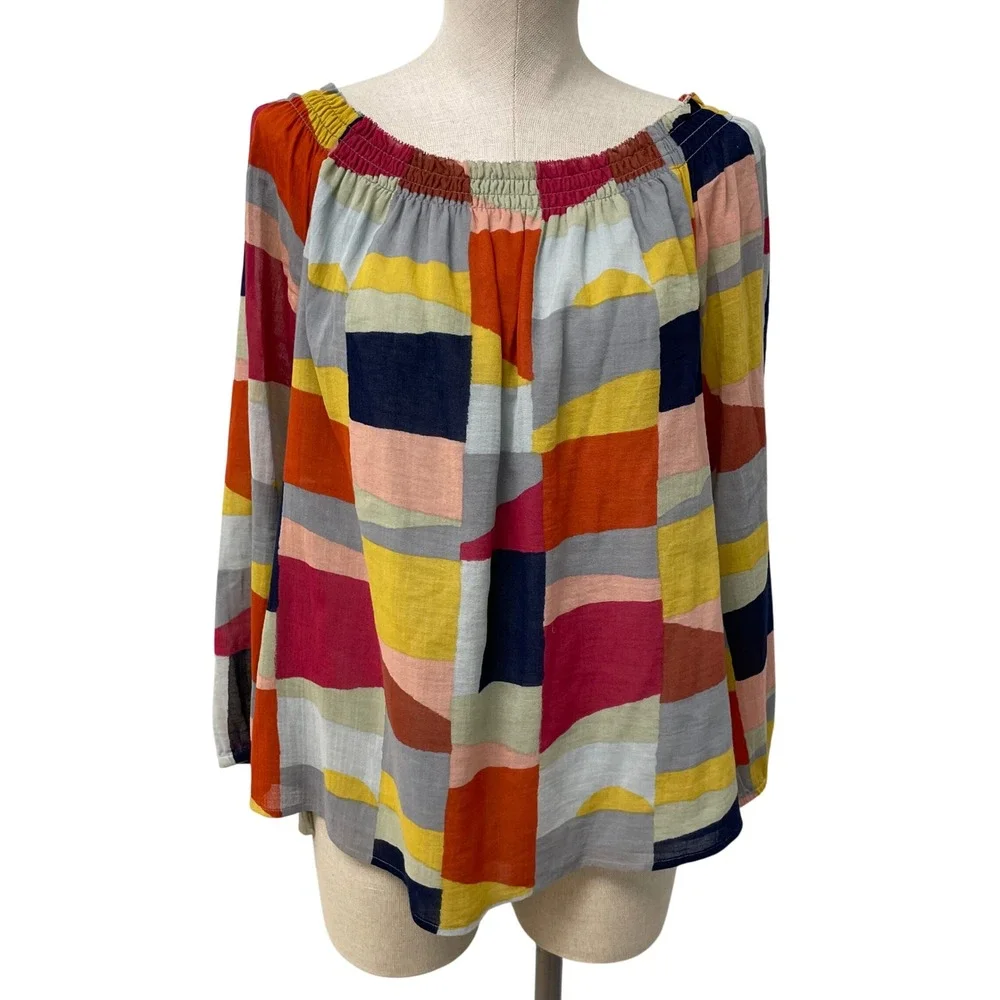 Tory Burch Blouse Womens Medium Multicolor Geometric Off Shoulder Silk Blend